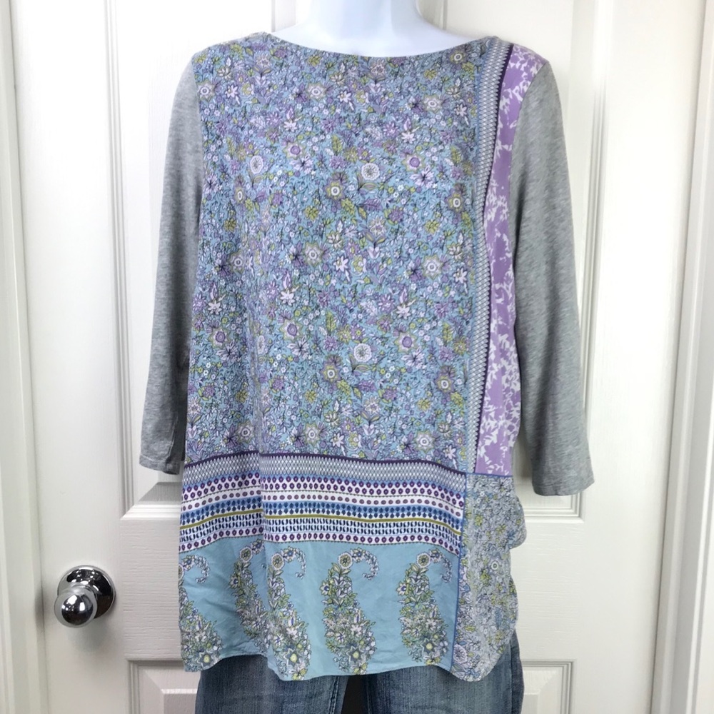 J Jill Blue Gray Floral Mixed Pattern Tunic Top L